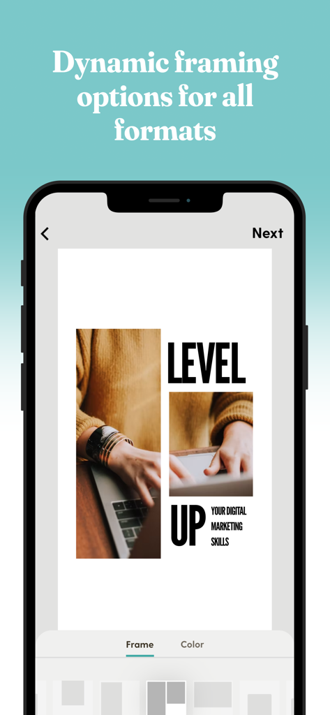 Interface de l'application Word Swag montrant des options de cadrage et de mise en page dynamiques pour une publication sur les réseaux sociaux avec typographie