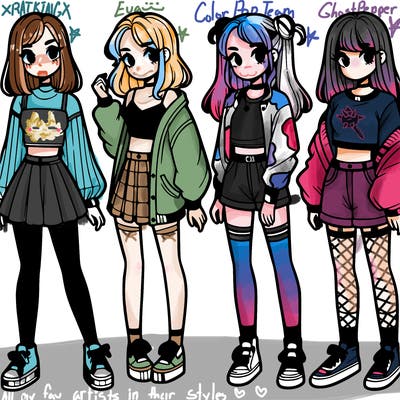 one girl with crop-top shirt and a jacket with a skirt, long socks and another girl with a shirt and pants with a jacket