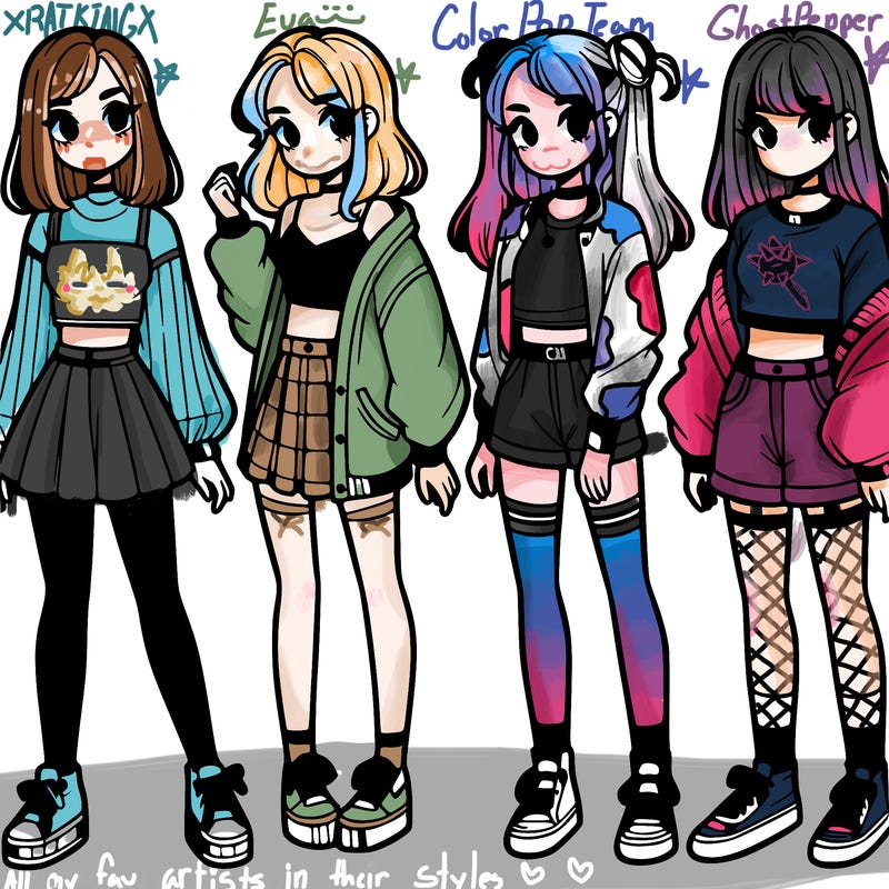 one girl with crop-top shirt and a jacket with a skirt, long socks and another girl with a shirt and pants with a jacket