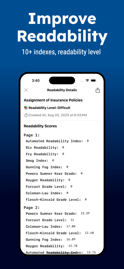 Paraphrase tool: AI Helper - A mobile app screen showing detailed readability metrics and scores for a document.