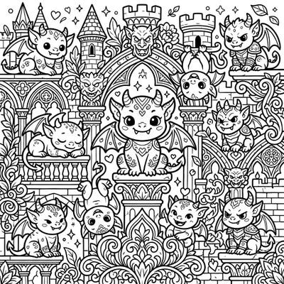Enter a whimsical world where traditional grotesque gargoyles are transformed into irresistibly cute Kawaii characters. This detailed coloring page invites you to bring an entire kingdom of charming, winged creatures and ornate Gothic architecture to life.