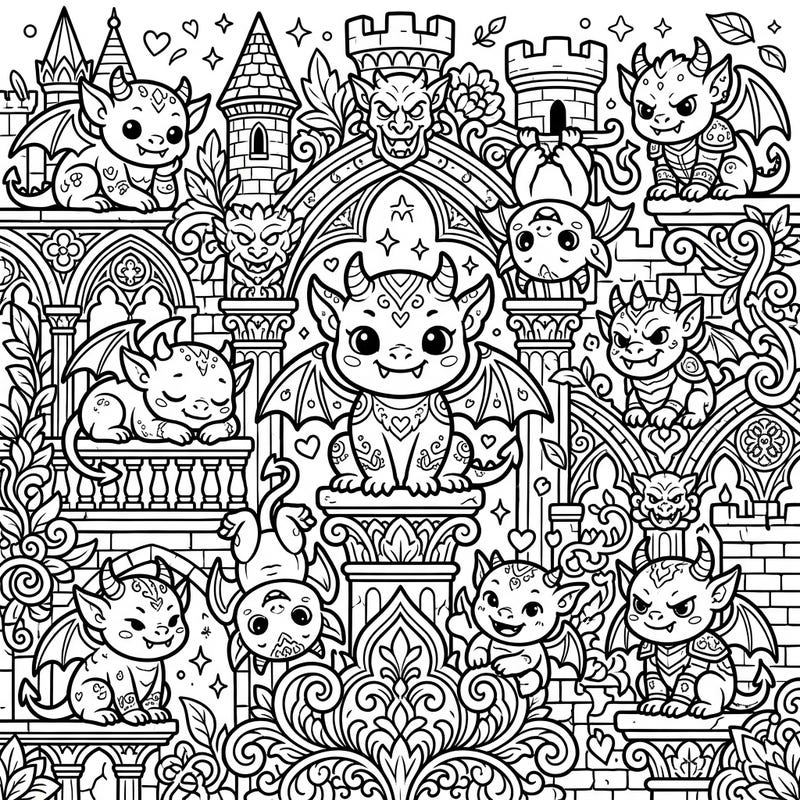 Enter a whimsical world where traditional grotesque gargoyles are transformed into irresistibly cute Kawaii characters. This detailed coloring page invites you to bring an entire kingdom of charming, winged creatures and ornate Gothic architecture to life.