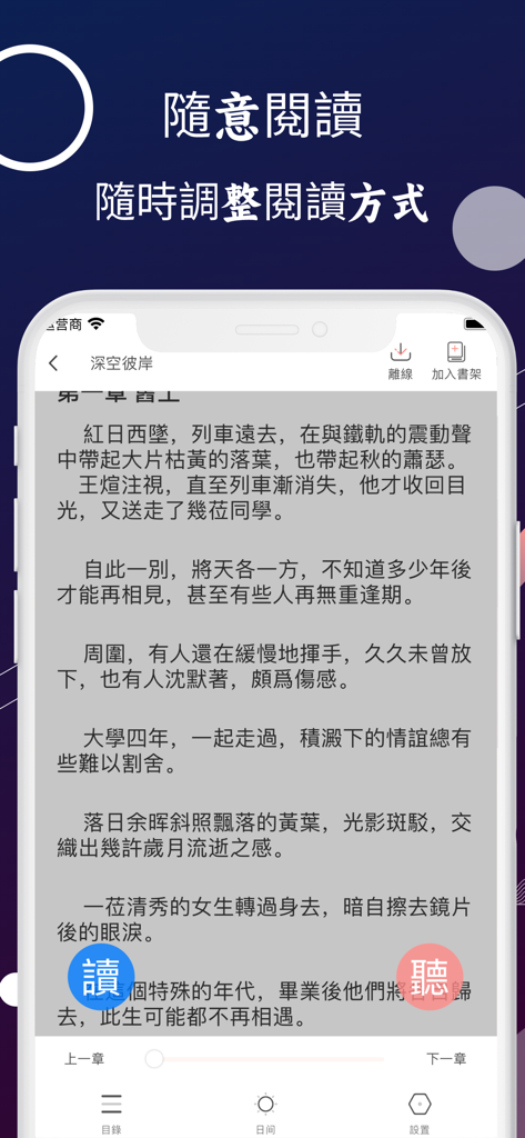 清風小說-電子書小說大全 - Écran de lecture de l'application Qingfeng Novels présentant du texte chinois et des boutons pour basculer entre les modes lecture et écoute.