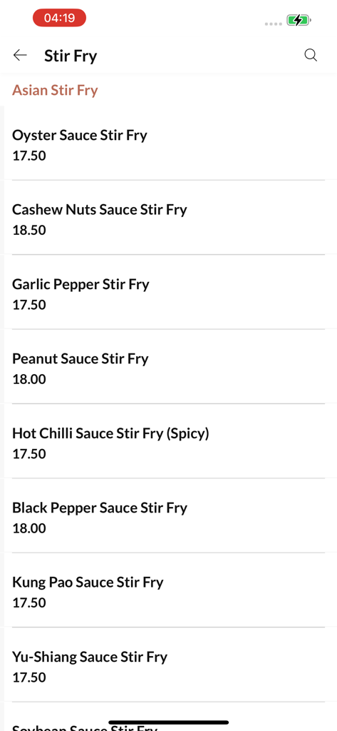 We Cook. - Menu screen of the We Cook app showing a list of Asian stir fry dishes and their prices