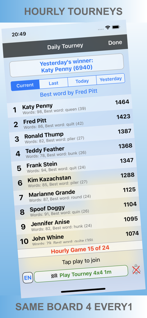 Word Shaker HD - Daily tournament leaderboard for Word Shaker HD showing player rankings and high scores.