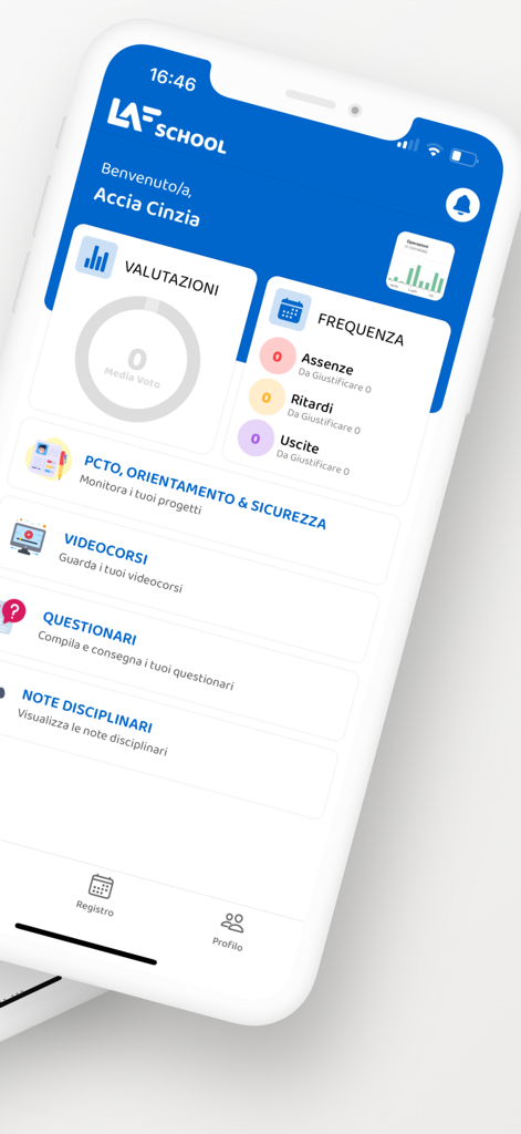 Lafschool - Dashboard dell'app mobile Lafschool che visualizza voti e presenze dello studente
