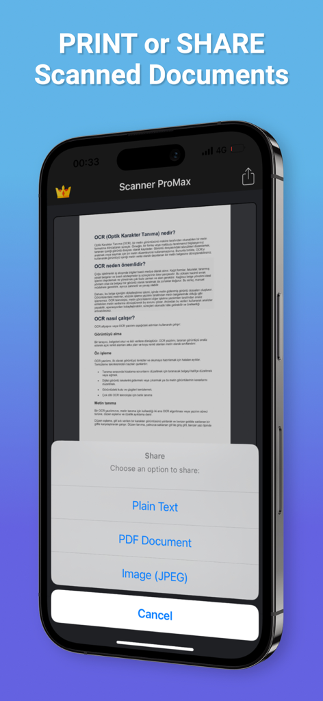 Scanner ProMax : PDF Converter - Smartphone screen showing document sharing options for plain text, PDF, and JPEG in the Scanner ProMax app.