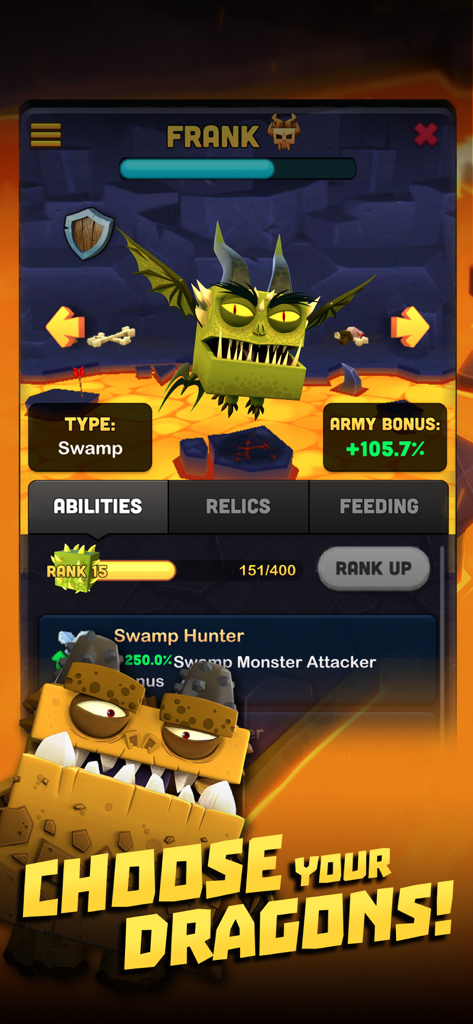 Kingdoms of HF - Dragon War - A dragon stats and selection menu in Kingdoms of HF featuring a swamp dragon named Frank