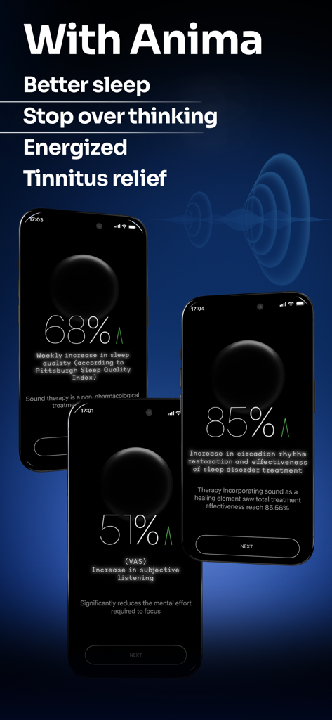 Anima app screens showing statistics for better sleep focus and tinnitus relief
