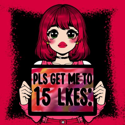 realistic girl holding up a sign that says “pls get me to 15 likes!”