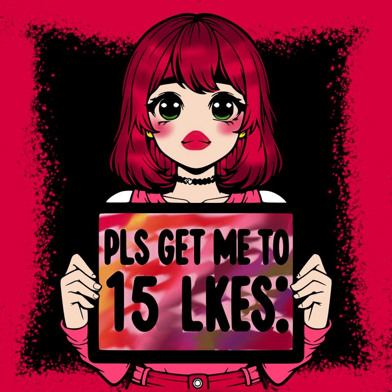 realistic girl holding up a sign that says “pls get me to 15 likes!”