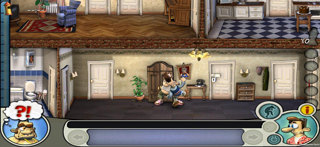 Woody sneaking past a wardrobe in the Neighbours from Hell mobile game