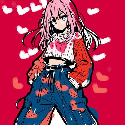 anime teen girl with baggy pants and crop top with sweater