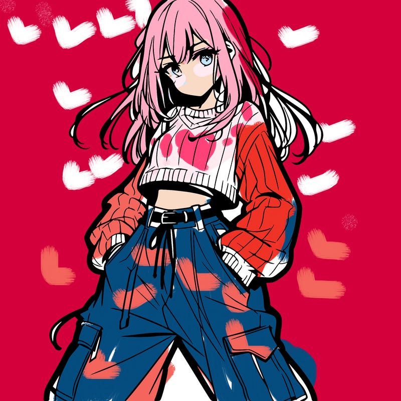 anime teen girl with baggy pants and crop top with sweater