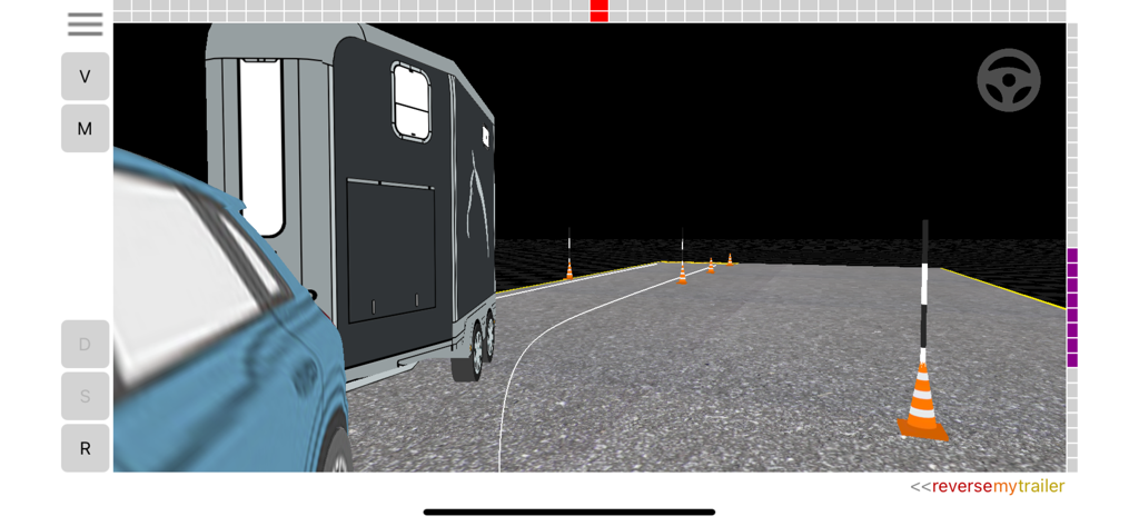 ReverseMyTrailer - Driving simulator showing a car reversing a horse trailer through a practice course with orange cones
