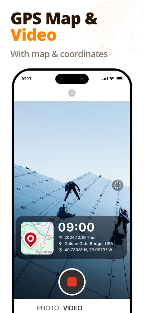 Video recording interface with GPS map coordinates and timestamp overlay