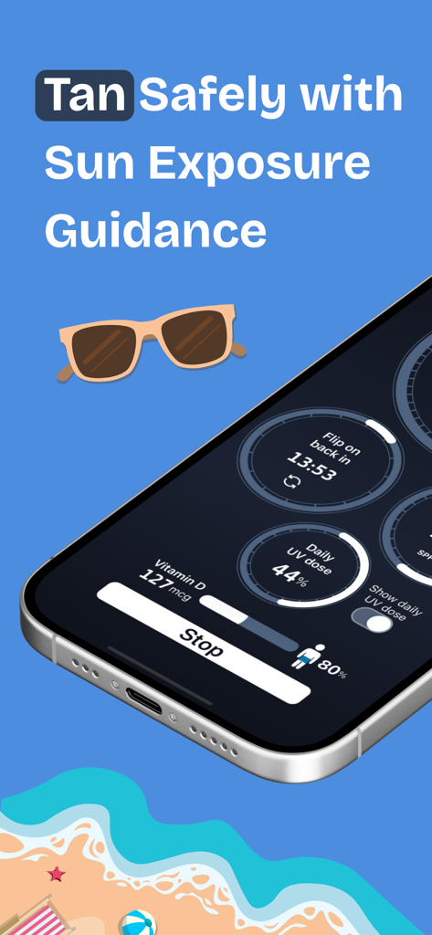 Sola app interface on a smartphone showing sun exposure tracking, flip timer, UV dose, and Vitamin D levels.