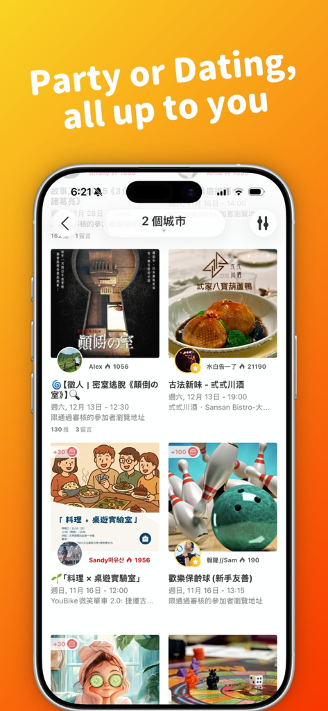 Eatgether - 聚會交友活動約會app - Smartphone-Bildschirm zeigt den Eatgether App-Feed mit verschiedenen sozialen Event-Optionen wie Brettspiele, Bowling und Restaurantbesuche
