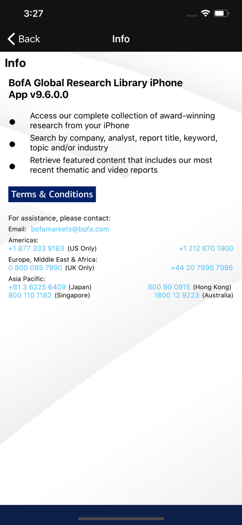 Informationsbildschirm der BofA Global Research Library App mit hervorgehobenen Funktionen und globalen Support-Kontaktinformationen