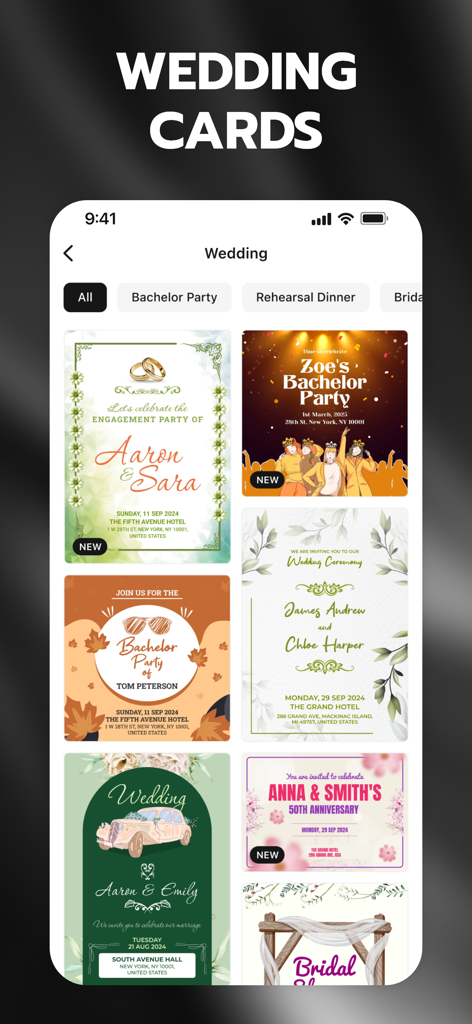 Invitation Maker + RSVP - Interface de aplicativo móvel exibindo uma variedade de modelos de convites de casamento, incluindo cartões de noivado e despedida de solteiro