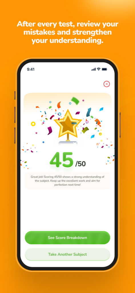 Results screen of the JAMB exam prep app showing a score of forty five out of fifty with a gold star trophy