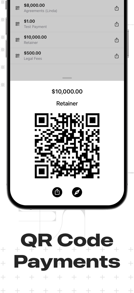 Schermata dell'iPhone che visualizza un codice QR per un pagamento di caparra di diecimila dollari e un elenco della cronologia delle transazioni.