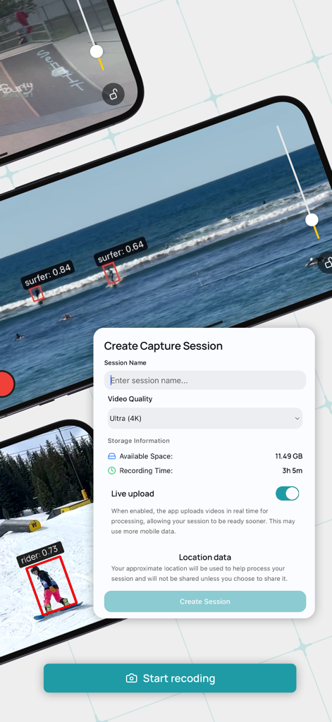 Flowstate - Interface do aplicativo Flowstate mostrando a tela de criação de sessão com detecção de manobras por IA para surf e snowboard em segundo plano.