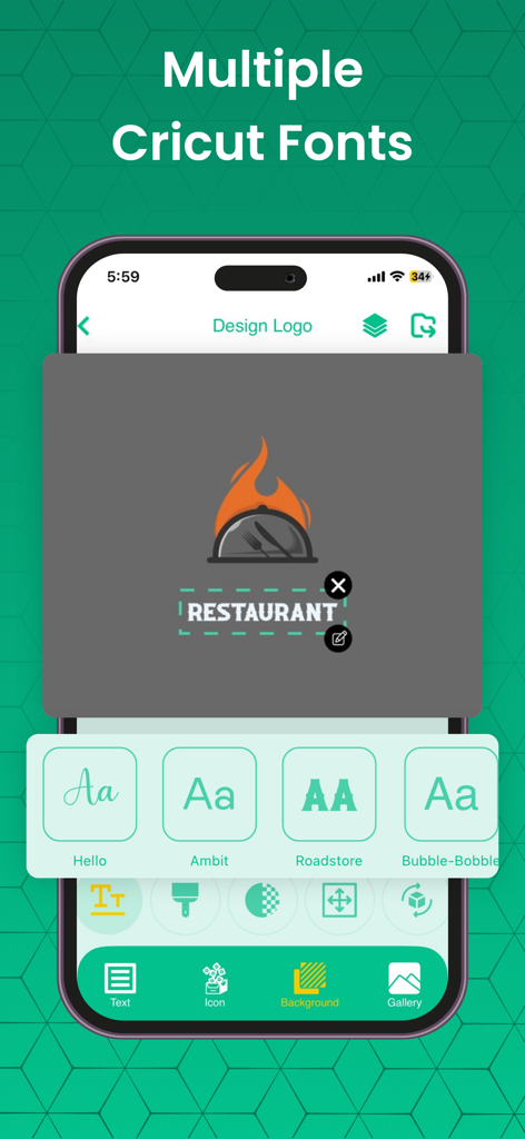 Design Studio : Craft Space - Interface de aplicativo móvel do Design Studio Craft Space mostrando design de logotipo personalizado com várias opções de fontes Cricut
