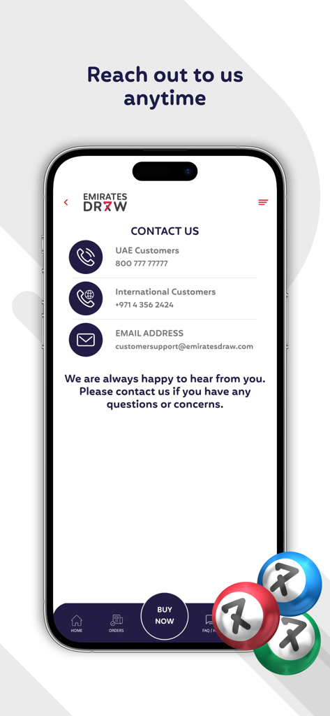 Emirates Draw - Emirates Draw app contact us screen showing customer support phone numbers and email address