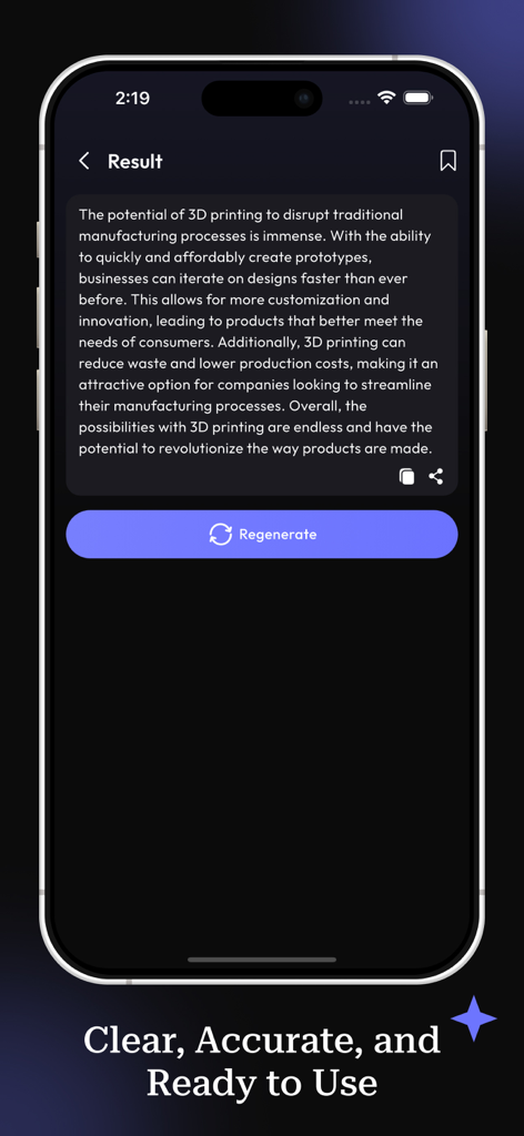 Paraphrase - AI Reword Writer - Smartphone displaying the AI paraphrase result screen with a professional paragraph and regenerate button