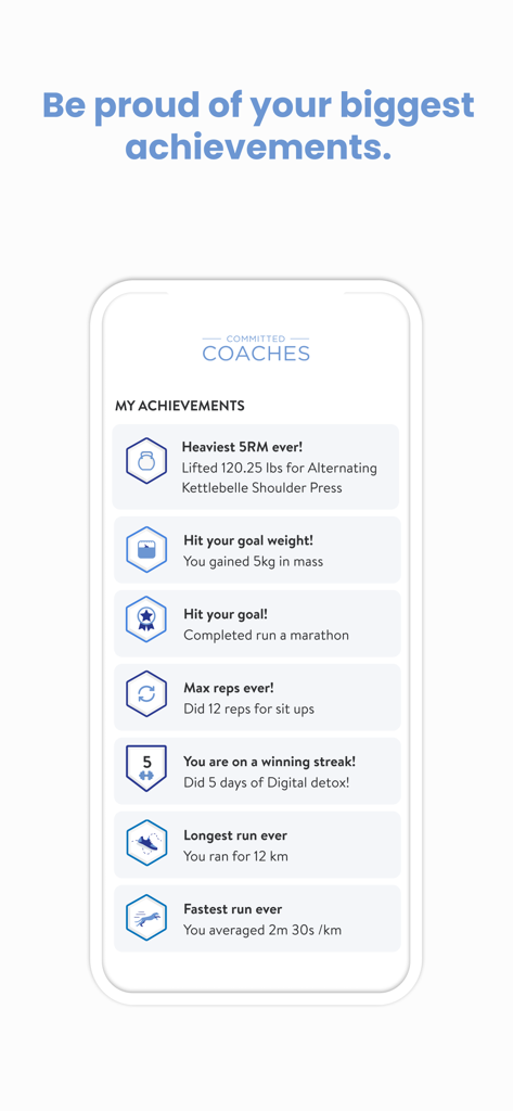 Committed Coaches - A list of fitness milestone badges and personal best achievements within the Committed Coaches mobile application.
