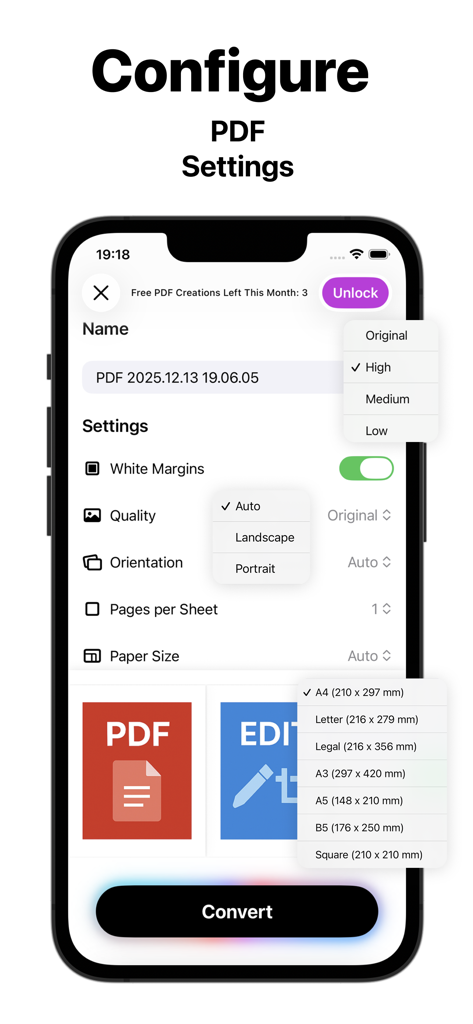 Image to PDF - Scan & Edit App - Tela do aplicativo móvel mostrando opções de configuração de PDF como qualidade orientação e tamanho do papel