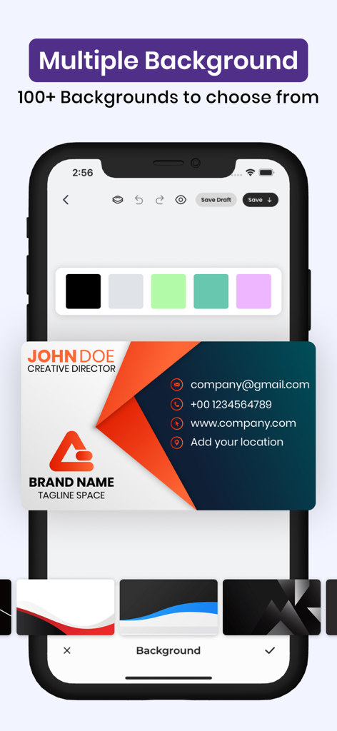 Interfaccia dell'app mobile che mostra varie opzioni di design dello sfondo per un biglietto da visita professionale