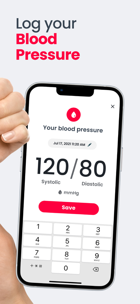 A smartphone showing the blood pressure logging screen in the Heartify app