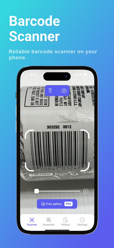 Mobile App-Oberfläche von QR und Barcode Fast Reader Pro, die einen Produkt-Barcode mit Zoom- und Galerie-Import-Optionen scannt