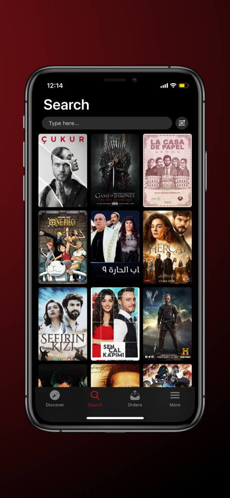 Suchbildschirm der Cinema Box App mit Filmplakaten von internationalen und arabischen Serien.