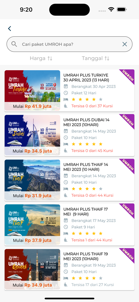 UMI Tour Travel - UMI Tour Travel app screen displaying various Umrah pilgrimage packages with pricing and dates