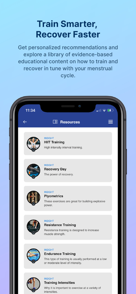 FitrWoman - Captura de pantalla de la app FitrWoman mostrando recursos de entrenamiento e información de rendimiento para atletas