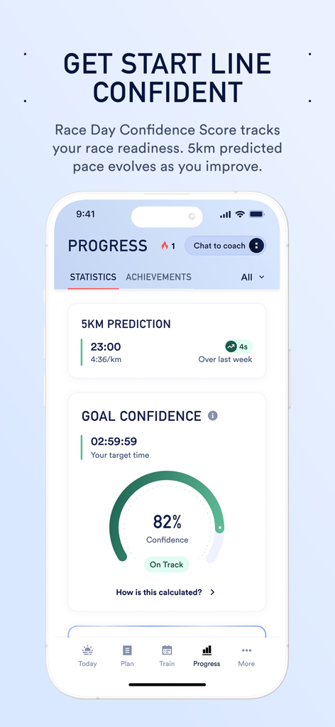 Coopah: The Run Coaching App - Coopah running app progress screen displaying a 5km race prediction and a goal confidence score percentage.