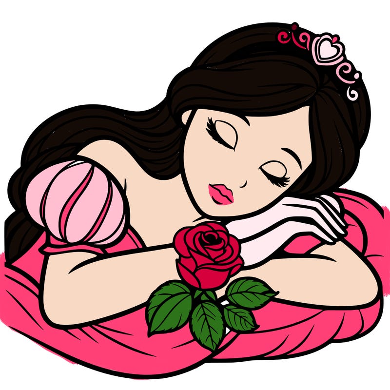 a fairytale princess sleeping with her hands crossed on her chest and a rose on her chest realistic