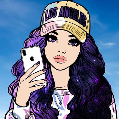realistic beautiful girl wearing los ángeles cap holding an iphone