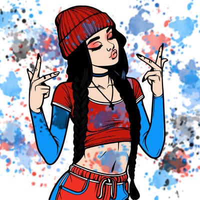 realistic teenage girl with braids and a beanie and crop top doing 🫶🏼