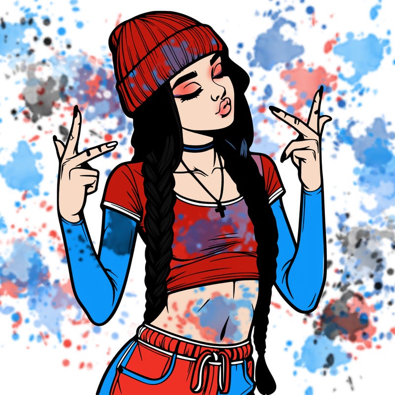 realistic teenage girl with braids and a beanie and crop top doing 🫶🏼