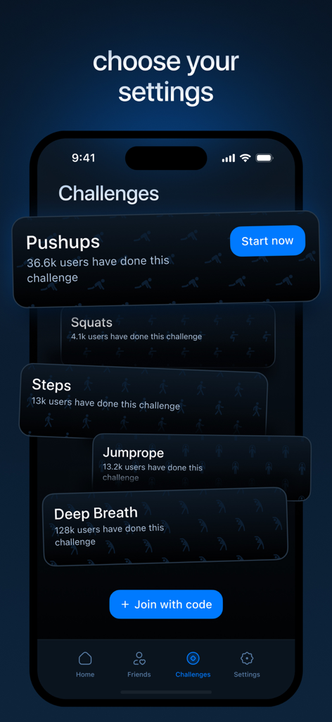 ClearSpace app interface displaying various digital wellness and focus challenges like pushups and deep breathing.