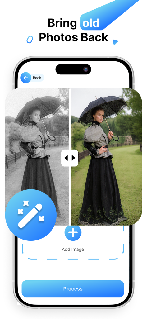 Uma comparação de antes e depois de uma foto antiga em preto e branco restaurada para cores usando a interface do aplicativo Open Art AI.