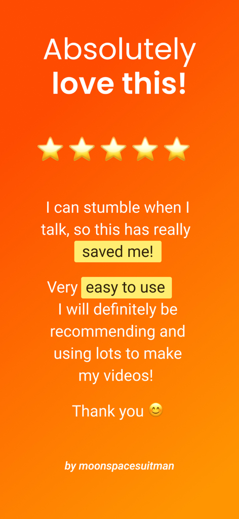Teleprompter for Video - A 5-star user review for the Teleprompter for Video app highlighting its ease of use and helpfulness for video creators.