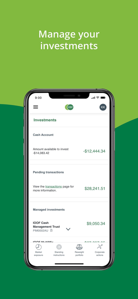 IOOF mobile app investment dashboard showing cash accounts and managed investments