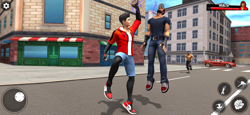 Personagem de super-herói levantando um bandido em uma rua da cidade usando poderes elétricos.