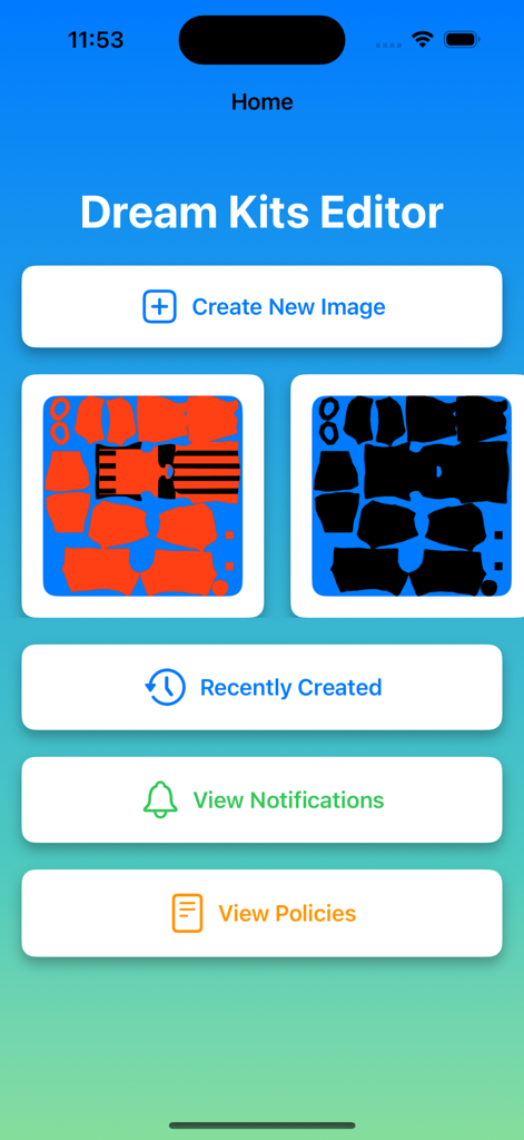 The home screen of the Dream Kits Editor app showing kit design previews and a button to create new soccer uniforms.