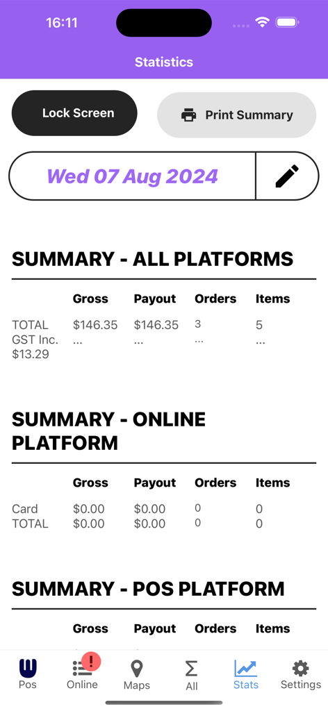 Whoods - Statistics dashboard of the Whoods app showing daily sales summaries for online and POS platforms